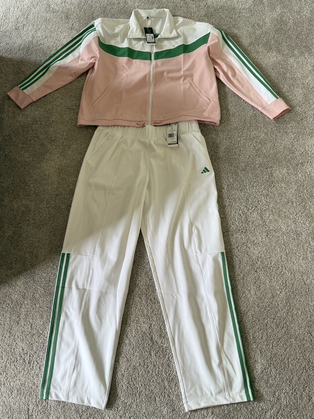 Adidas 365 TwistKnit Pink/White/Green Jacket and White/Grn Pants Loose Fit NWT.